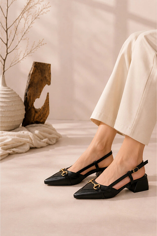 Women's Black Leather Saddler Buckle Pointed Toe Heeled Shoes
