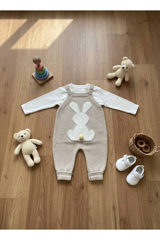 Rabbit Motif Pompom Knitwear Baby Salopet Jumpsuit / Gift Set with Combed Cotton Bodysuit