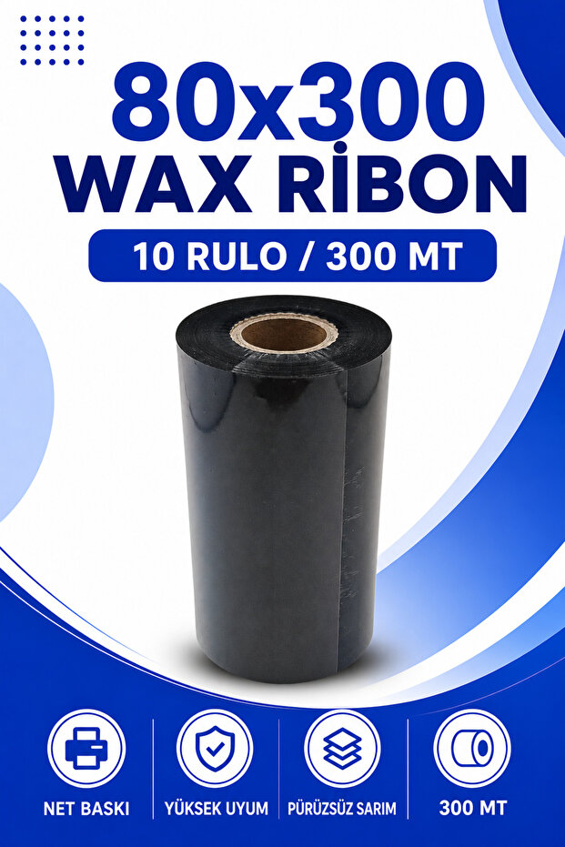 80X300Mm Wax Ribbon | 10 Rolls | 300m | Durable | Textile, Washing, Labeling | Thermal Transfer
