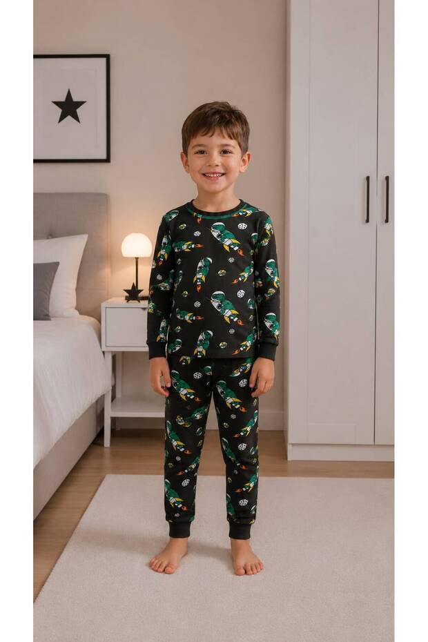 Boys' 100% Cotton Combed Fabric Black Color Dinosaur Patterned Long Sleeve Seasonal Pajama Set