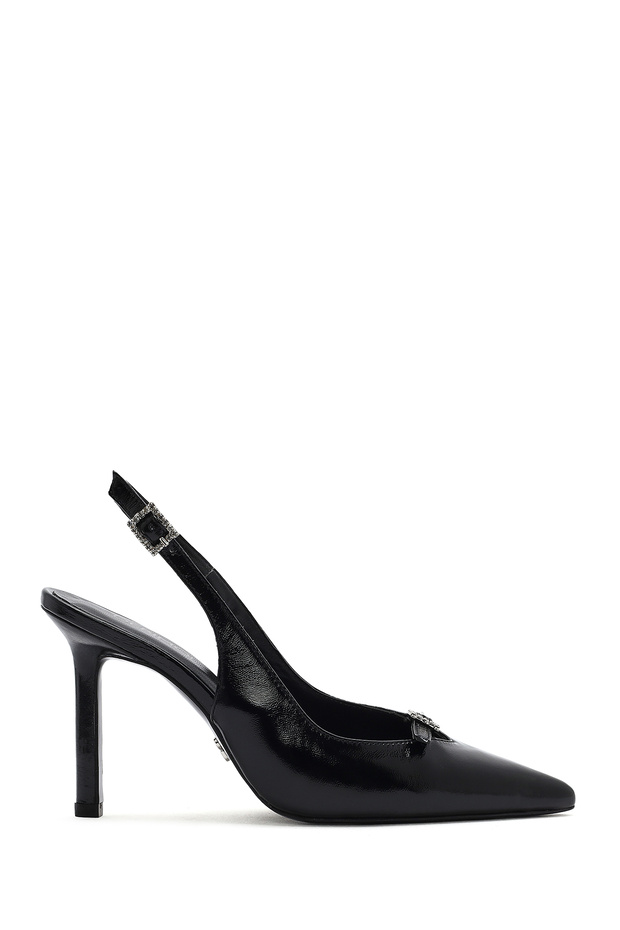Women's Black Ankle Buckle Open Back Thin Heeled Leather Shoes 25Sfd 162316