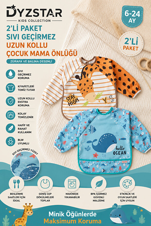 2-Pack Liquid-Proof Long-Sleeved Baby Bibs 6-24 Months Giraffe and Whale Pattern Blw Compatible Stain-Resistant Activity Bibs