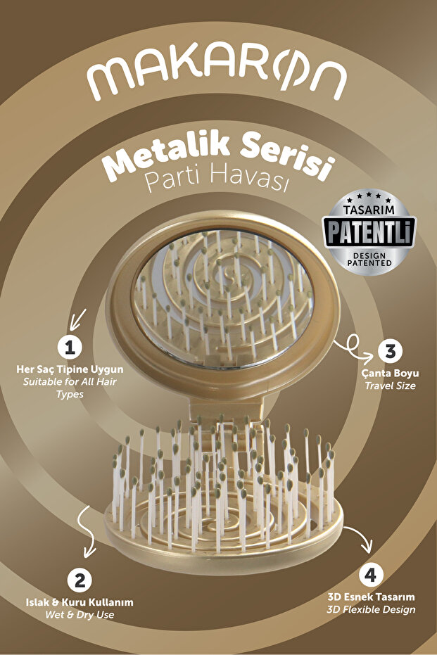 Beauty Makaron Metallic Hair Brush - 3D Flexible, Mirrored, Purse Size - Compact Detangler