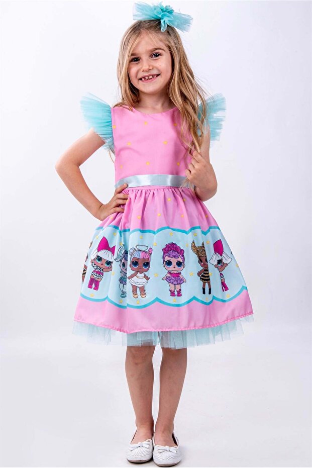 Pink Baby Patterned Tulle Detailed Girl's Party Dress