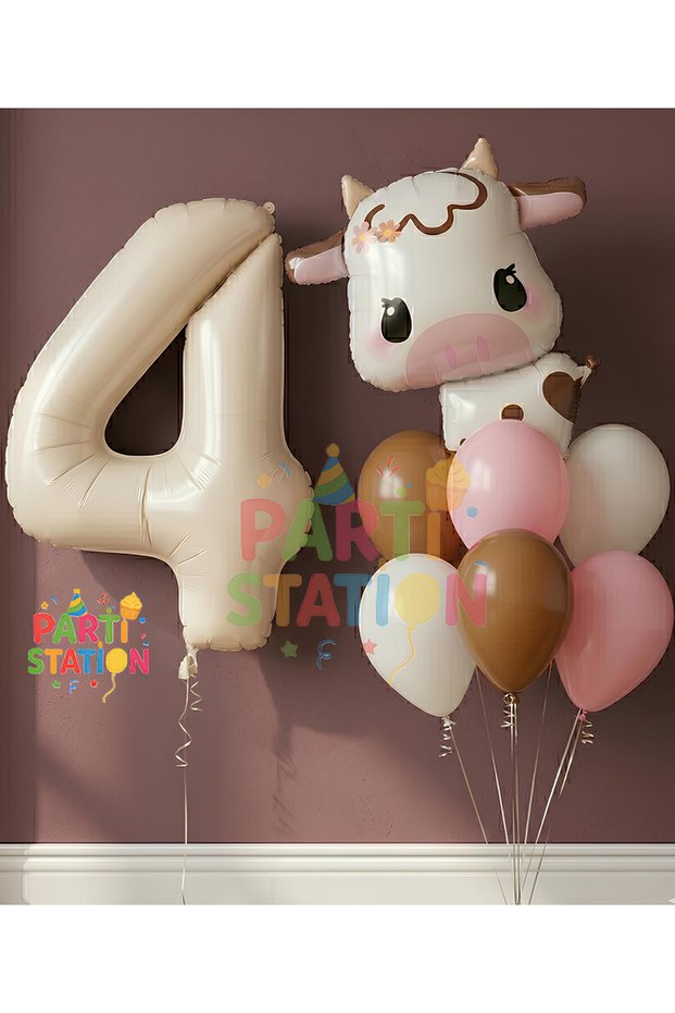 Safari Concept Cute Cow and Cream Color Number Balloon 1 Year Old Set Safari Cow Concept Birthday Balloon