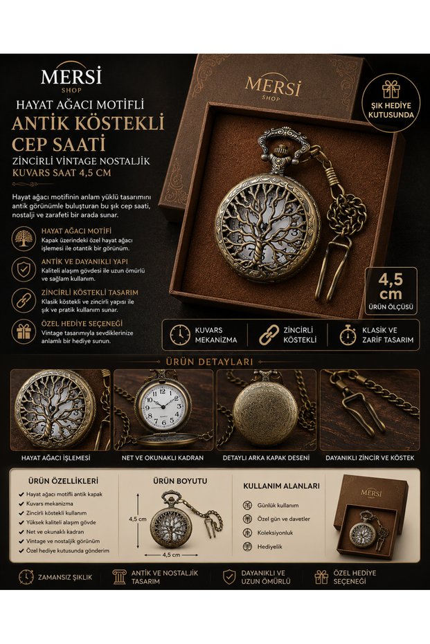 Tree of Life Design Pocket Watch with Chain |   Antique Nostalgic Metal Chain Quartz Pocket Watch