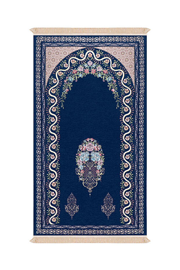 Navy Blue Ivy Pattern Embossed Special Woven Prayer Rug