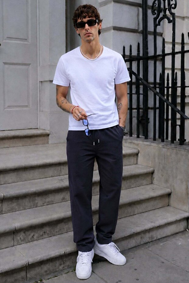 Navy Blue Straight Leg Men's Trousers 6535