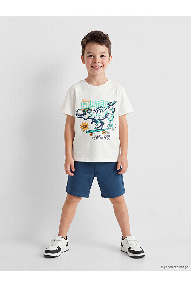Create Your Style with Uzg Store Ecru Dinosaur Printed Boys' T-Shirt and Shorts 2-Piece