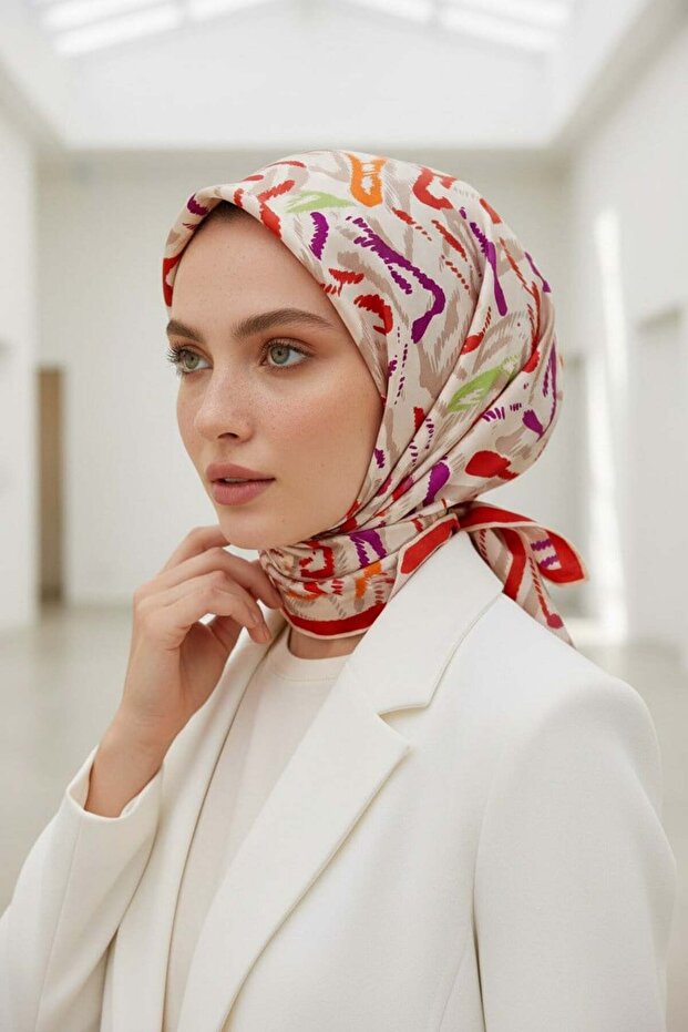 Geometric Pattern Red-Plum 90X90 Scarf 100% Twill Silk - Hand Stitched
