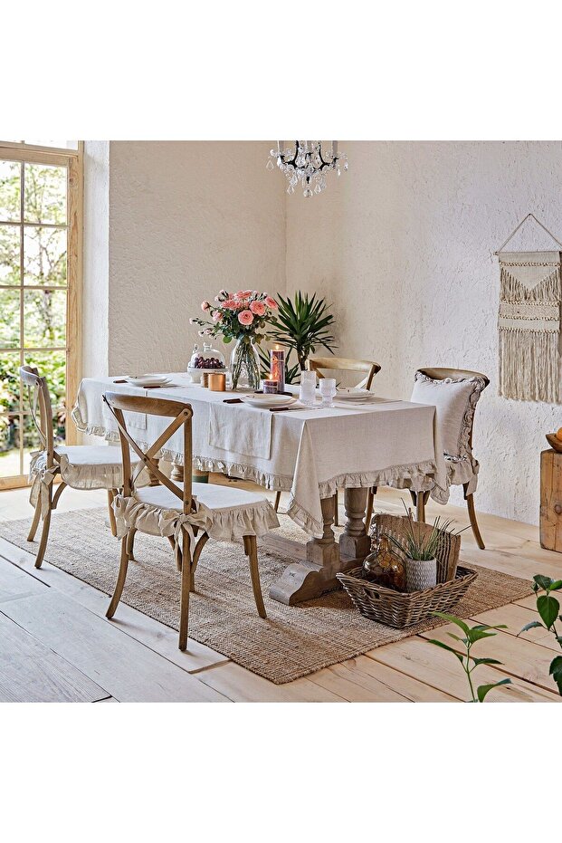 Handmade Buldan Washed Linen 4-Sided Frilled Chair Cushion