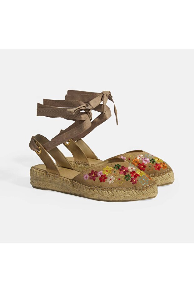 Limited Edition Beige Women's Floral Embroidered Jute Lace-Up Slingback Espadrille