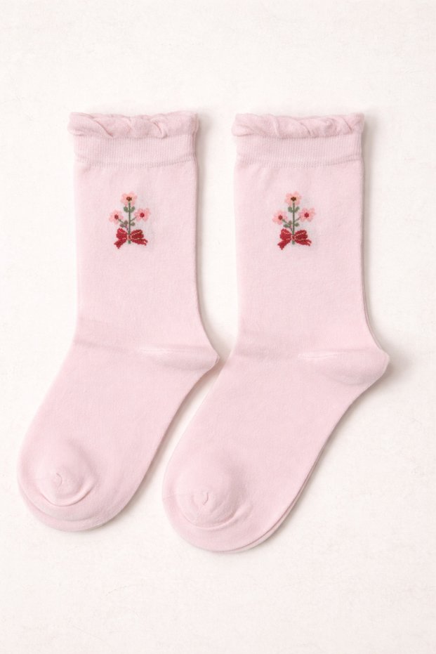 2 Pairs of Women's Socks with Stitch-Free Ruffles and Pink Flowers