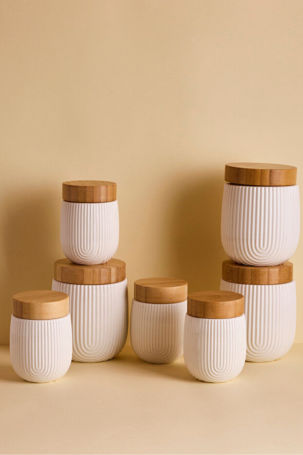 Cebeci 7-Piece Bamboo Lid Seasoning Bowl Set Porcelain Striped