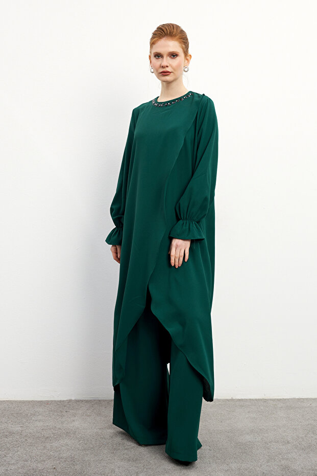 Asymmetrical Cut Tunic Trouser Set - Emerald - 2