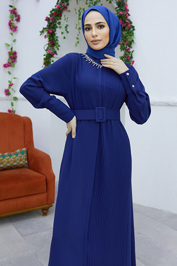 Rochie plisată cu curea - Indigo - 3