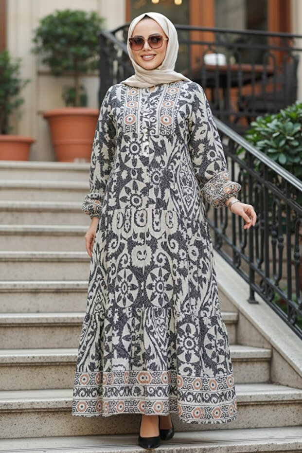 Patterned Black Hijab Dress 18232S