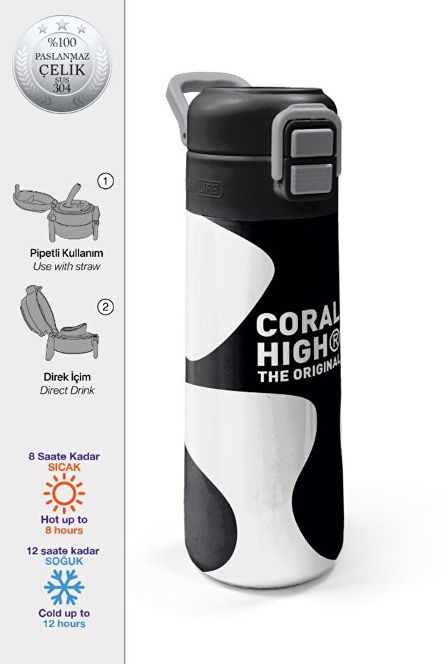 Kids Black and White Patterned Steel Thermos with Straw and Direct Drinking 500 ml 31887