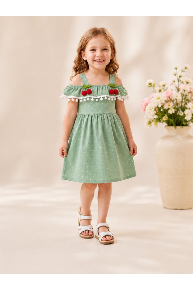 Girl's Cherry Detailed Strappy Ruffle Summer Dress 2-5 Years