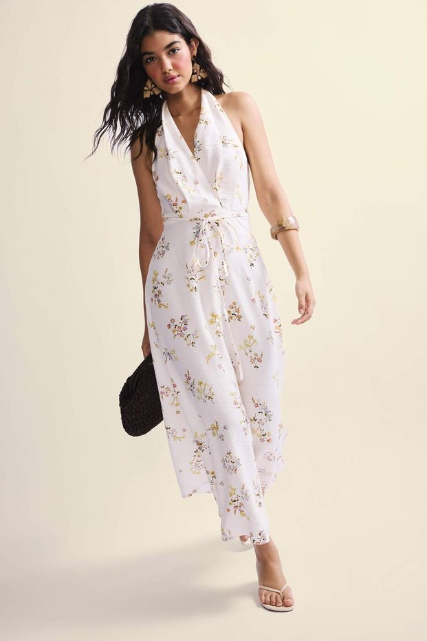 Halter Neck Floral Sleeveless Halter Neck Midi Ecru Dress H9339Ax26Sm