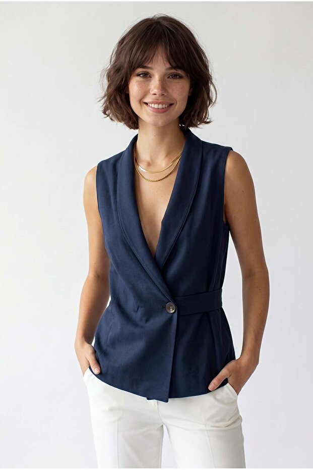 2125 Women's Double-Breasted Collar Belted Linen Vest Navy Blue