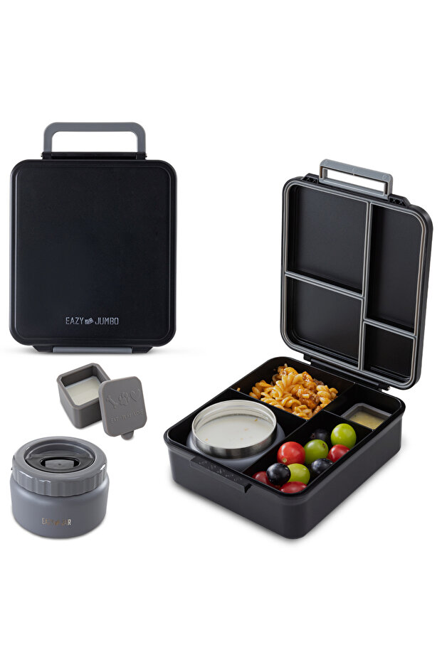 Jumbo Bento Lunch Box w/Thermos & Dip Jar- Midnight Black