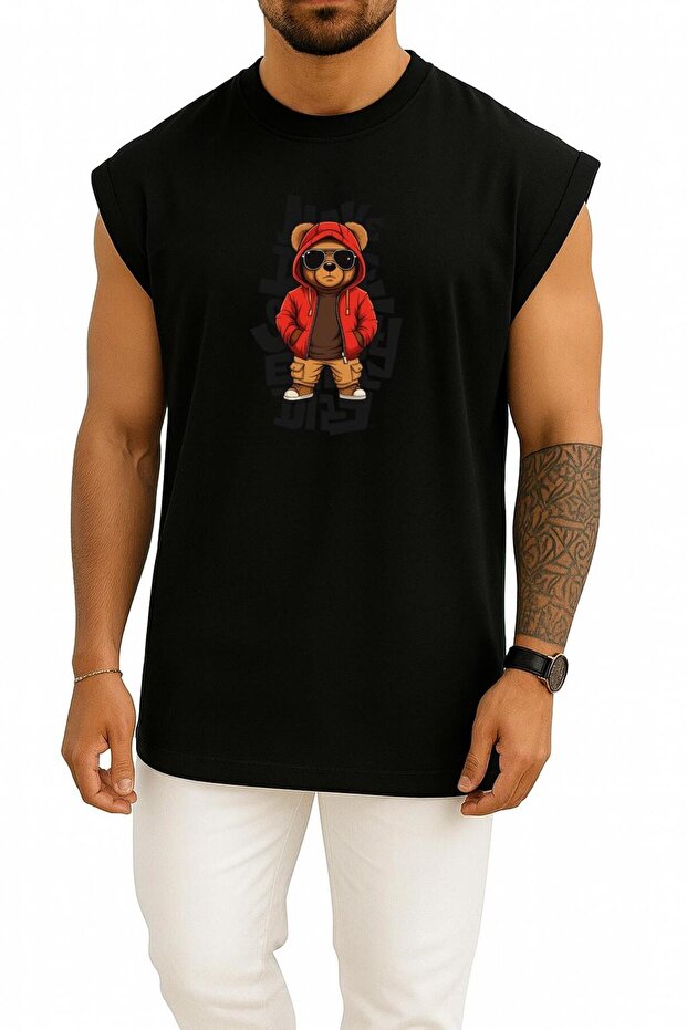 Oversized Graffiti Teddy Bear with Hat Chest Printed Athlete