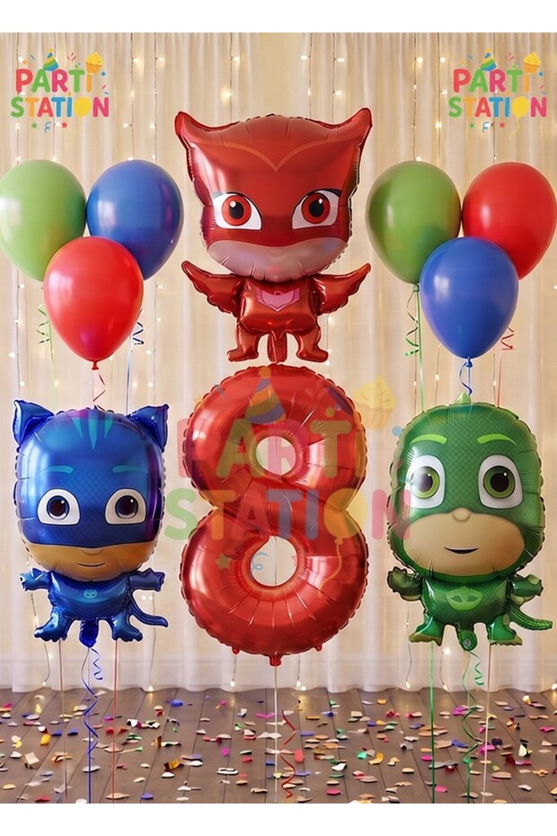 8 Years Red Numeral Pijamaskeliler Balloon Set - Pjmasks Concept Birthday Set