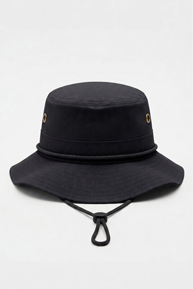 Premium Mountaineering Hat with Wide Brim | Black Men's Drawstring Snap Safari
