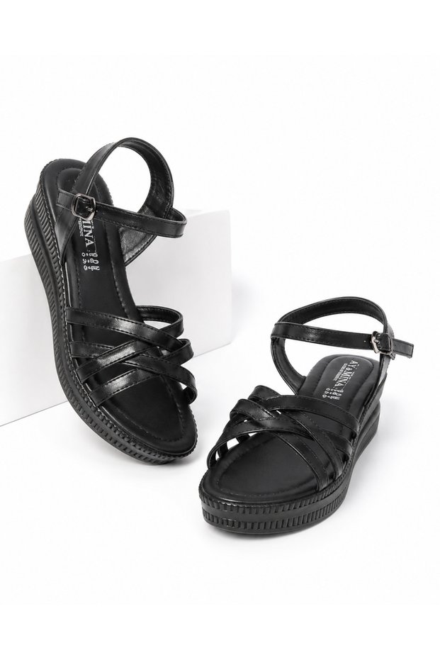 Women's Black Leather Double Ankle Strap Sandals Slippers NK10238