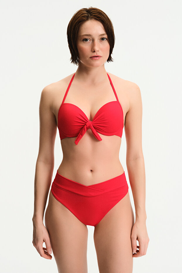 Red V-Cut Mid-Waist Bikini Bottom - 3