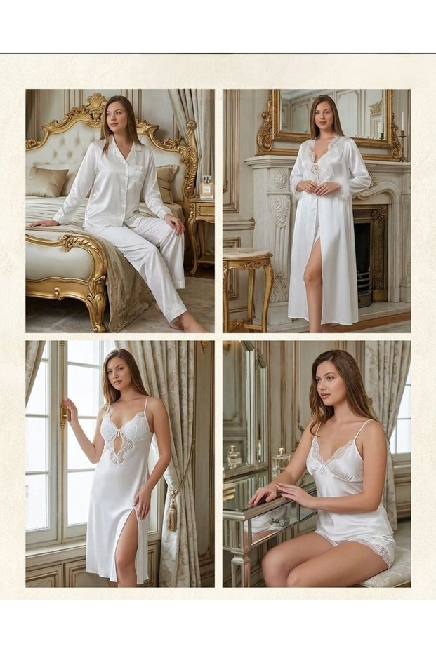 6-Piece Satin Nightgown Robe Dowry Set - Stylish and Elegant Nightgown Robe Set with Lace Detail