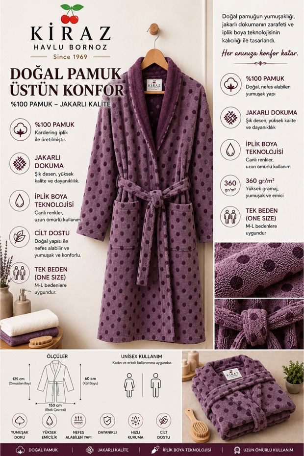 100% Organic Light Purple Plum Polka Dot Pack Soft-Textured Unisex Bathrobes