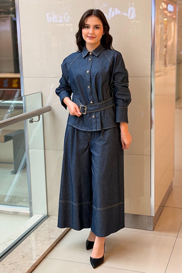 Belt Detailed Jacket Pants Jean Set