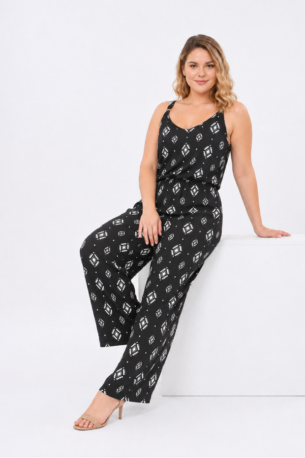 Women's Large Size Black Suspender Wide Leg Elastic Waist Relaxed Cut Jumpsuit 65N38852