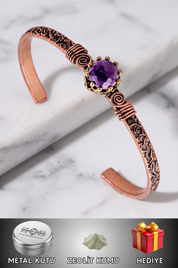 Women's Copper Bracelet - Amethyst Stone Tree Bark Model Thin Metal Box Quartz Stone Bracelet