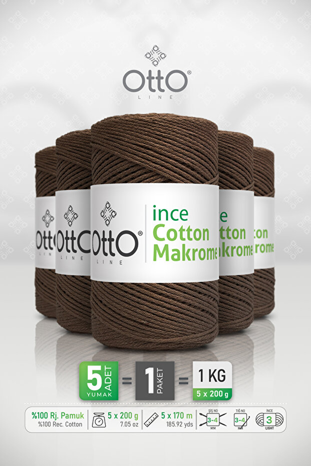 Thin Cotton Macrame Yarn • Brown • 5-Pack × 200 Gr / 170 m • 2 mm • Cotton Cord • Macrame, Bags, Accessories