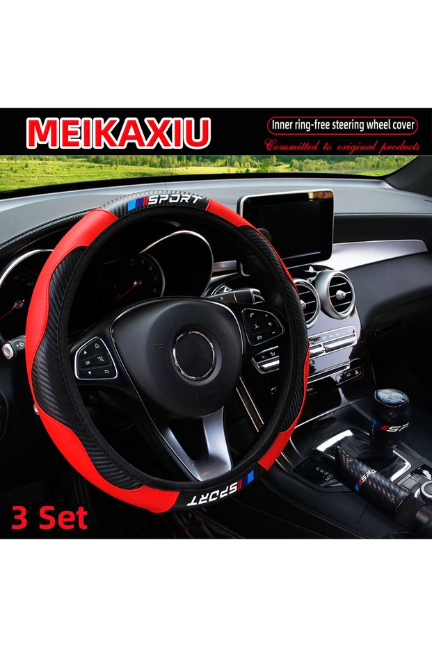 Red 3PCS PU Leather Carbon Fiber Sport Car Steering Wheel Cover Handbrake Gearshift Automotive Acces