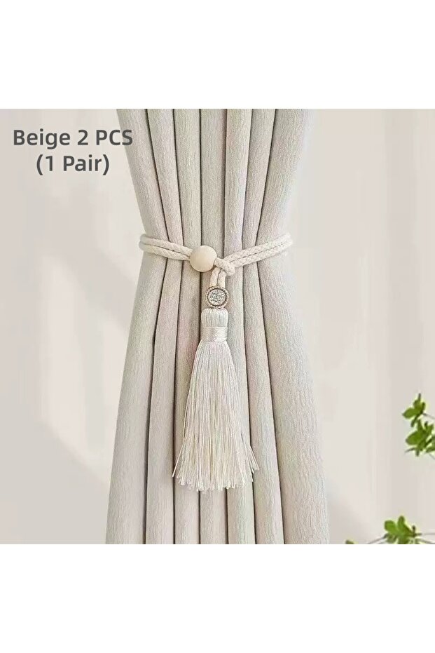 Beige 2 PCS Adjustable Cotton Cord Curtain Tiebacks Curtain Straps Bohemian Chic Log Loop Curtain Bu