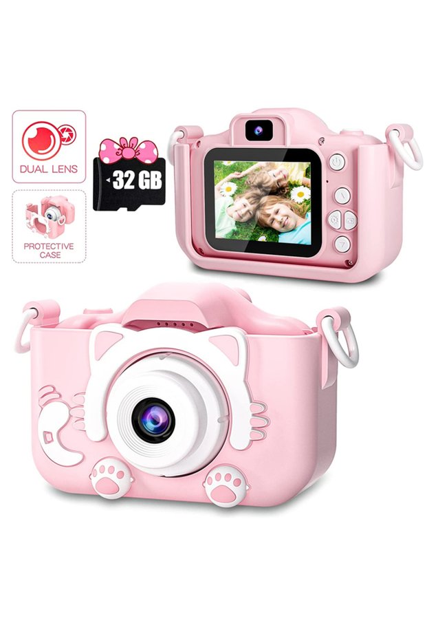 X5S-PINK-32G Children Camera 1080P HD Toddler Digital Video Camera 2.0-inch Kids Camera with Silicon