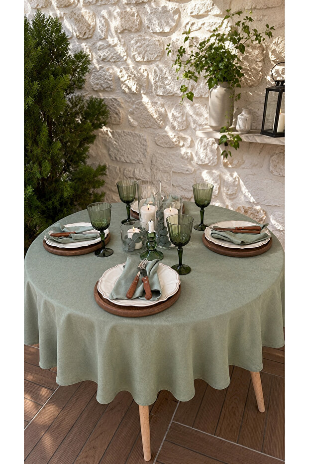 Pearl Velvet Textured Round Tablecloth Sage Green
