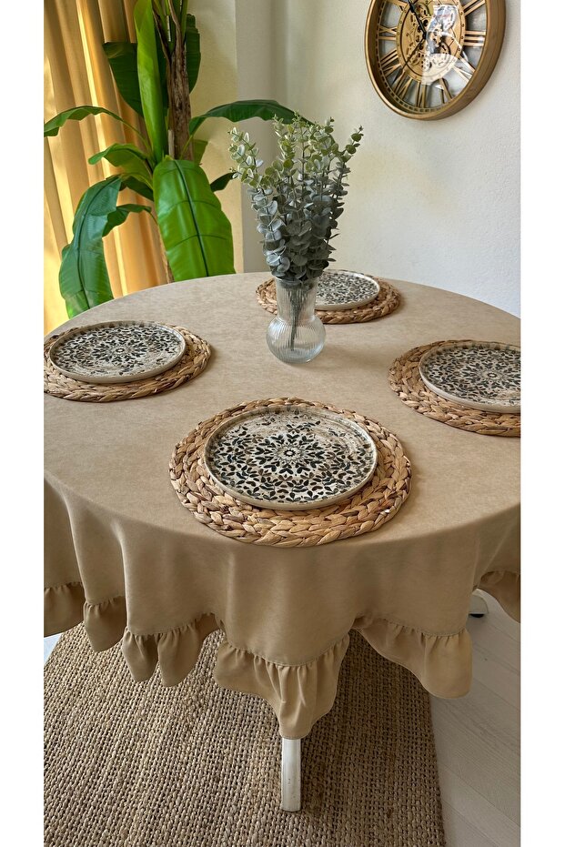 Pearl Velvet Textured Ruffled Round Tablecloth Beige