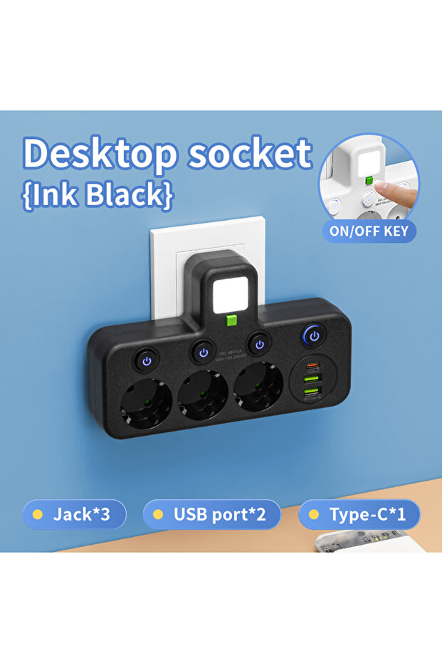 شريط طاقة كهربائي أسود بثلاثة مقابس USB وقابس أوروبي مع سلك تمديد 2 متر