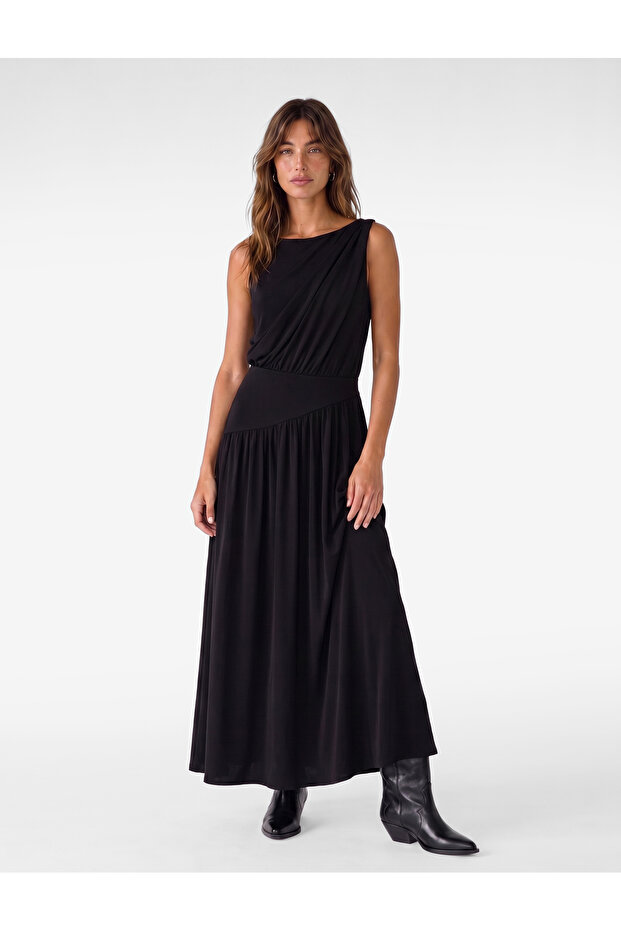 Slim Fit Draped Round Boat Neck Sleeveless Low Waist Long Dress
