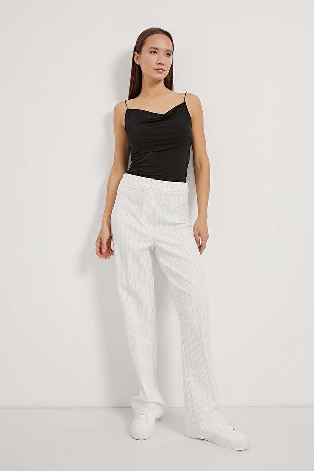 Women's Striped Basic Wide Leg White Baggy Trousers