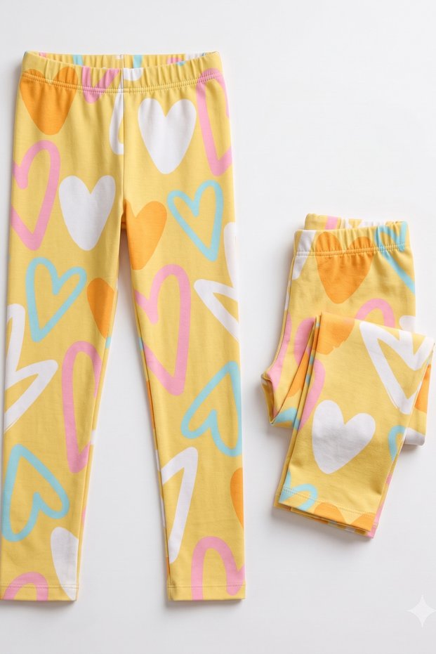 Girls' Leggings Yellow Heart Patterned Stretchy Fabric 100% Cotton Leggings Cotton Casual Lycra Leggings 2-13 Years