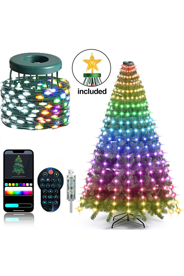 أضواء شجرة عيد الميلاد USB بطول 1.8 متر و256 مصباح LED، أضواء ساحرة ذكية RGBIC بـ400 مصباح LED مع زينة نجمة علوية