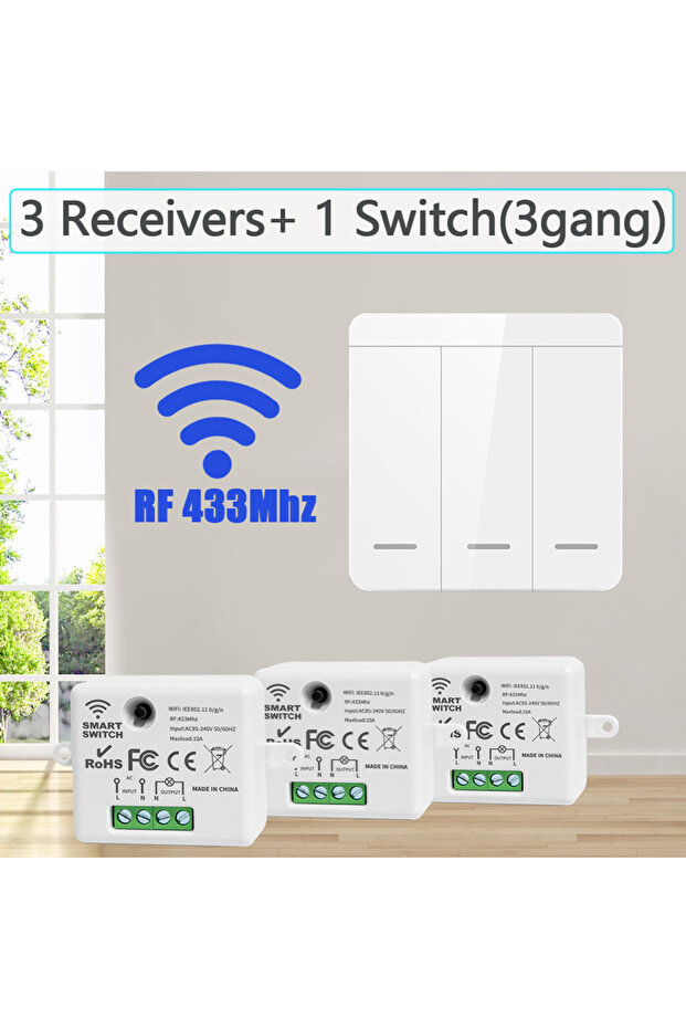 3 مستقبلات، مفتاح واحد، مفتاح تشغيل/إيقاف لاسلكي، وحدة RF433، مفتاح تحكم عن بعد للإضاءة، 1/2/3 مفاتيح