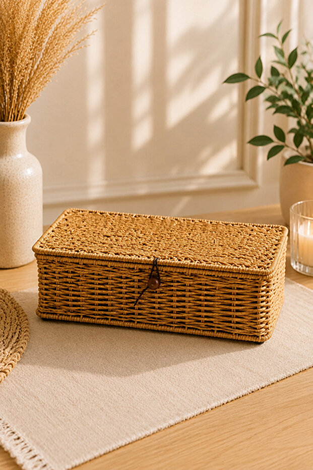 Wicker Rattan Rectangular Storage Box with Lid Organizer Multi-Purpose 12*28cm
