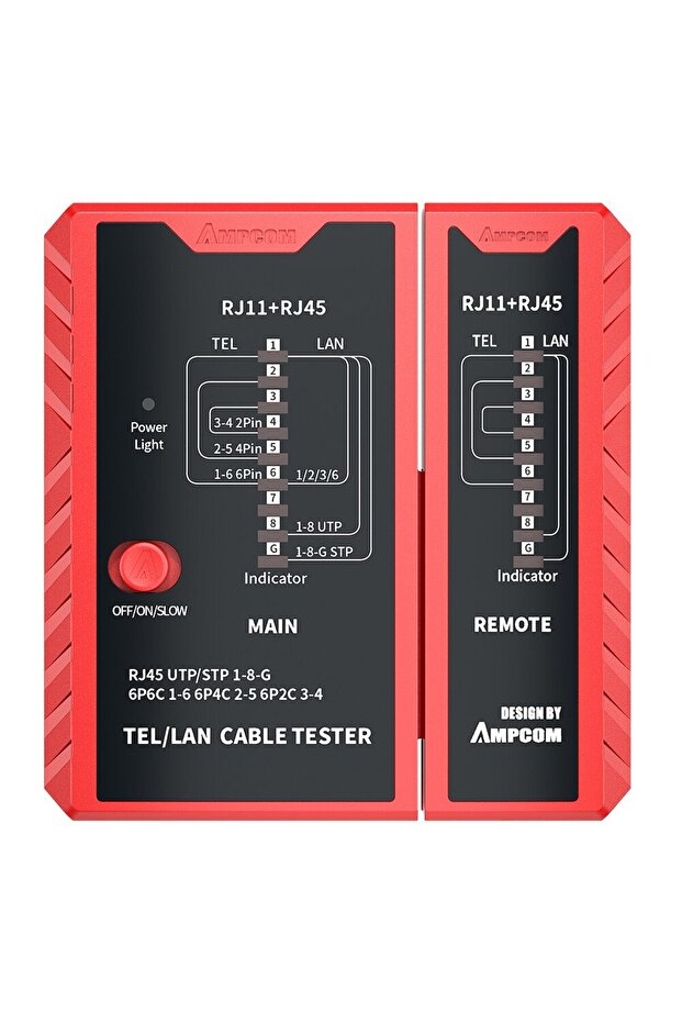 جهاز اختبار كابل الشبكة AMPCOM باللون الأحمر، كابل شبكة CAT5E وCAT6 وCAT6A وCAT7 RJ45 و8P8C POE وRJ11